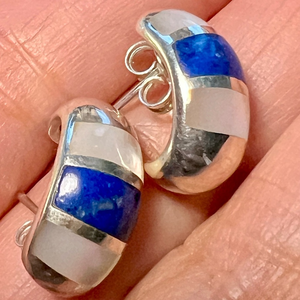 Mother of pearl/blue lapiz sterling silver earrings CNA 925 Thailand - Picture 1 of 7